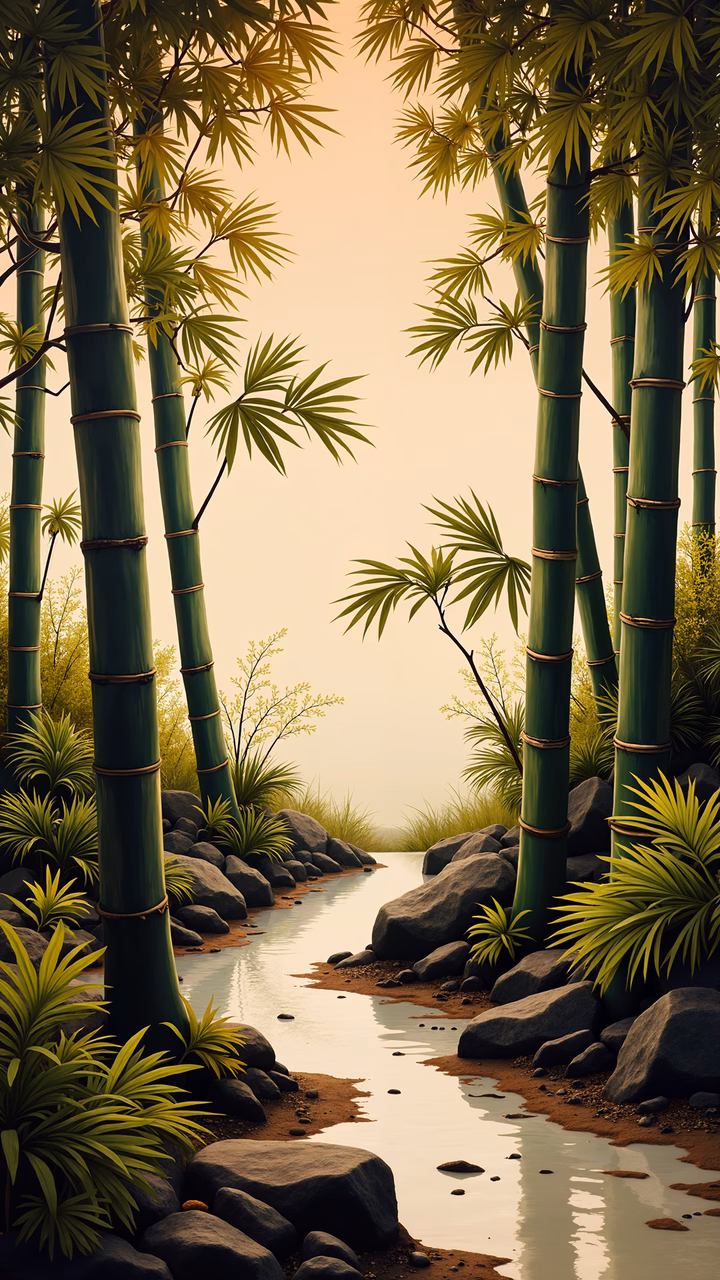 A peaceful bamboo grove illustration featuring tall stalks and a gentle stream.