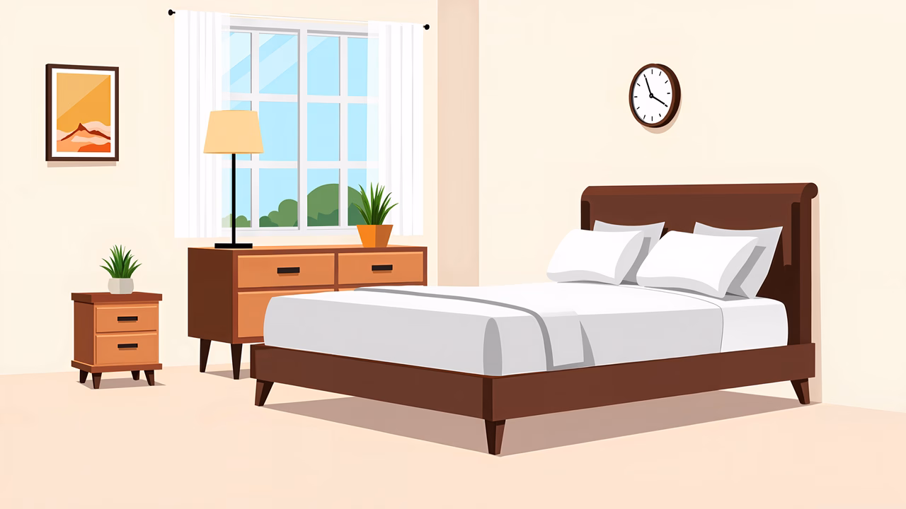 A serene and well-lit bedroom interior with wooden furniture and soft colors.