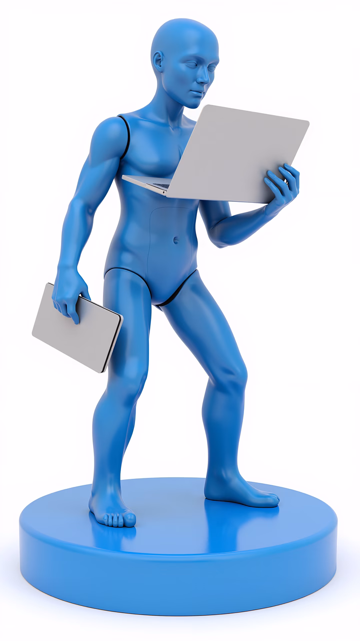 Minimalist blue man with laptop and folder, modern and focused.