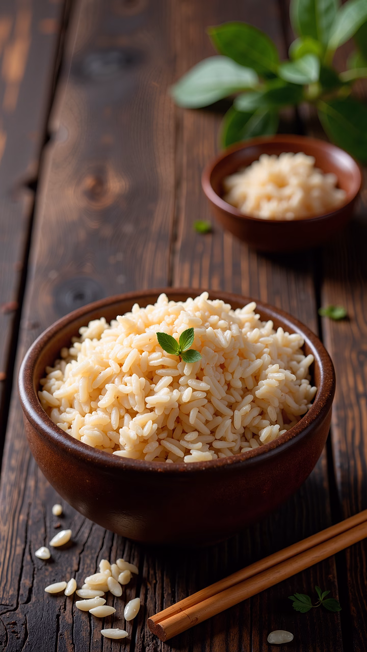 Steaming bowl of rice on a rustic wooden table, garnished with mint, perfect for a cozy meal.