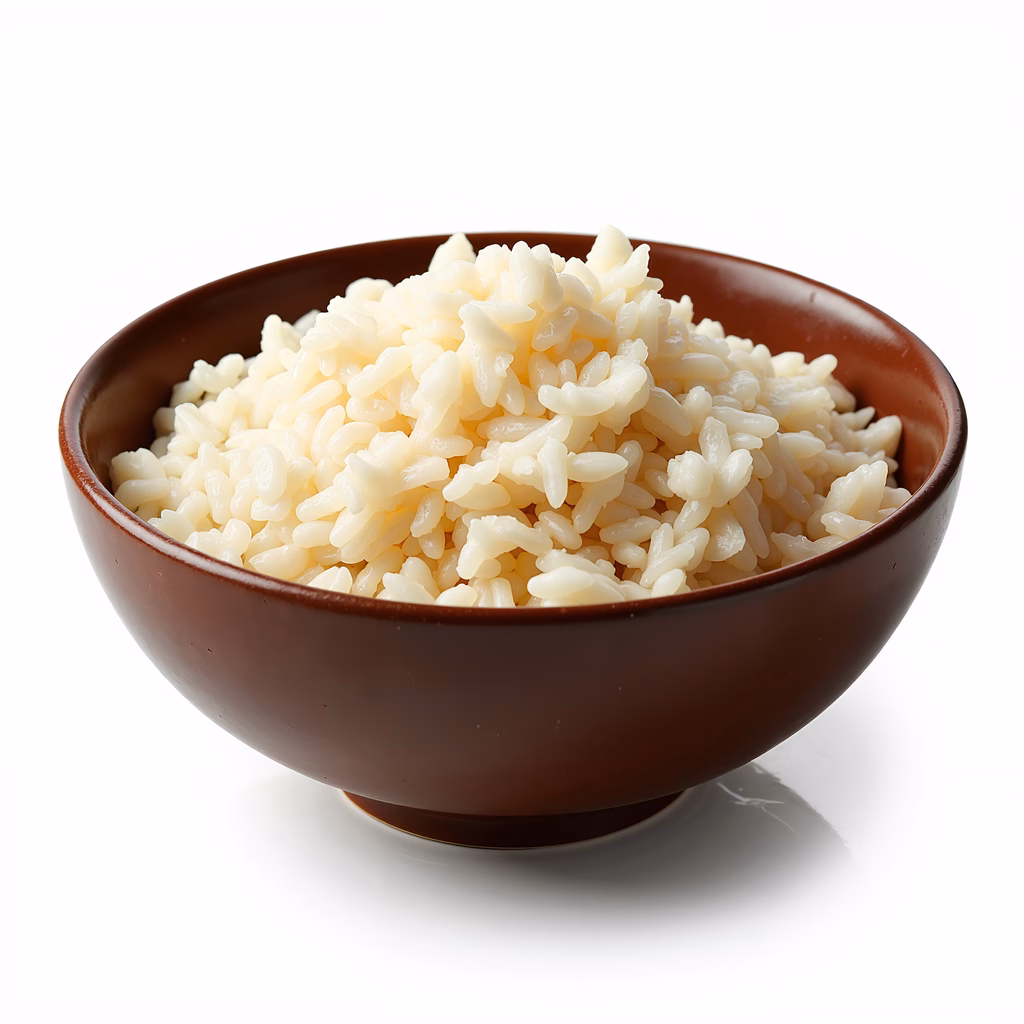 A bowl of fluffy white rice on a clean white background.