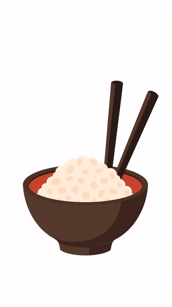 A minimalist illustration of a bowl of rice with chopsticks, evoking warmth and comfort.