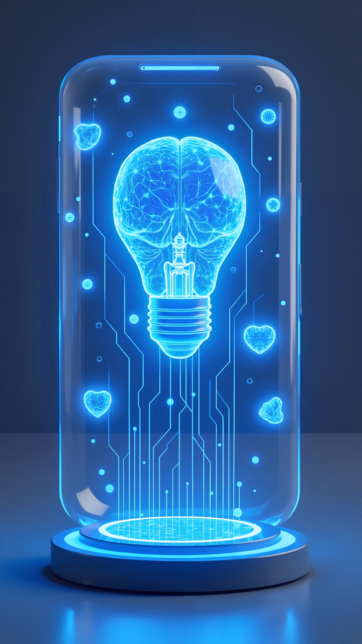 Futuristic brain inside a glowing light bulb, symbolizing innovation and cognitive processes.