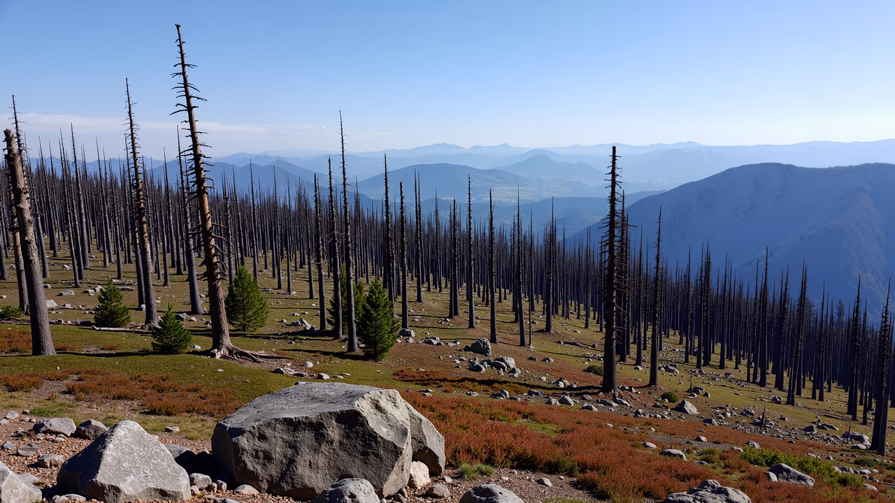 A tranquil yet melancholic forest landscape with dead trees and distant mountains.