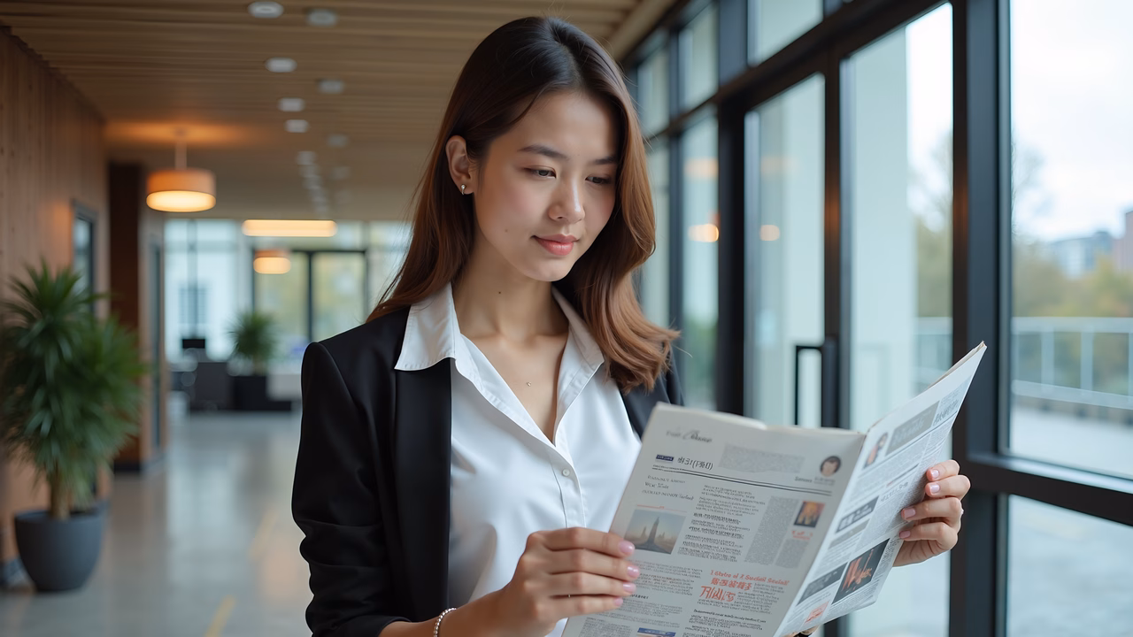 Professional businesswoman reading a newspaper in a modern office setting.