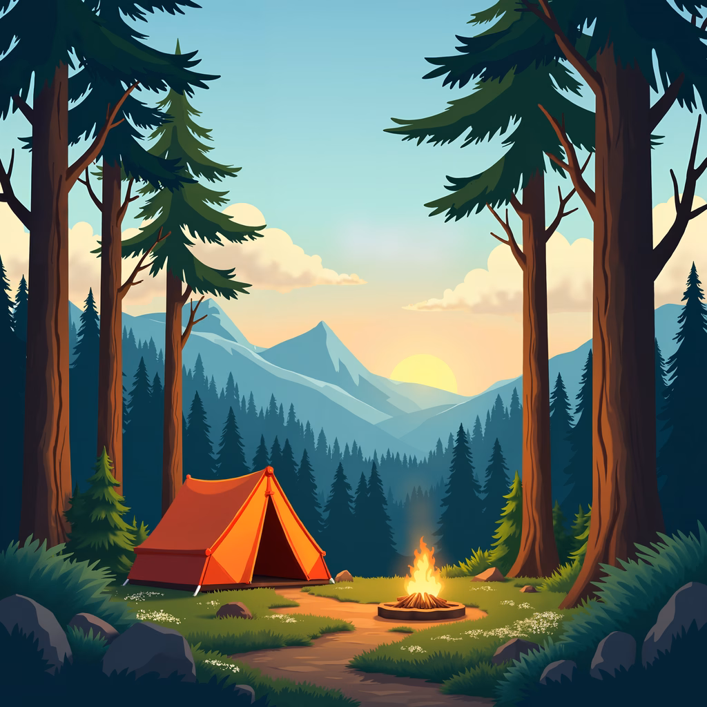 A cozy campfire in a lush forest setting under a serene sunset sky.