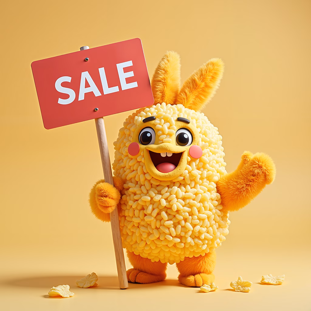 A cute bunny made of rice grains holds a sale sign against a bright yellow background.