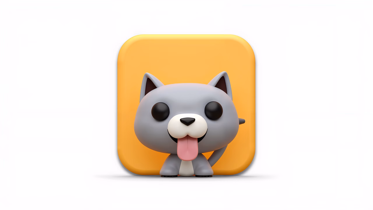 Cute cartoon cat icon with playful expression on orange background.