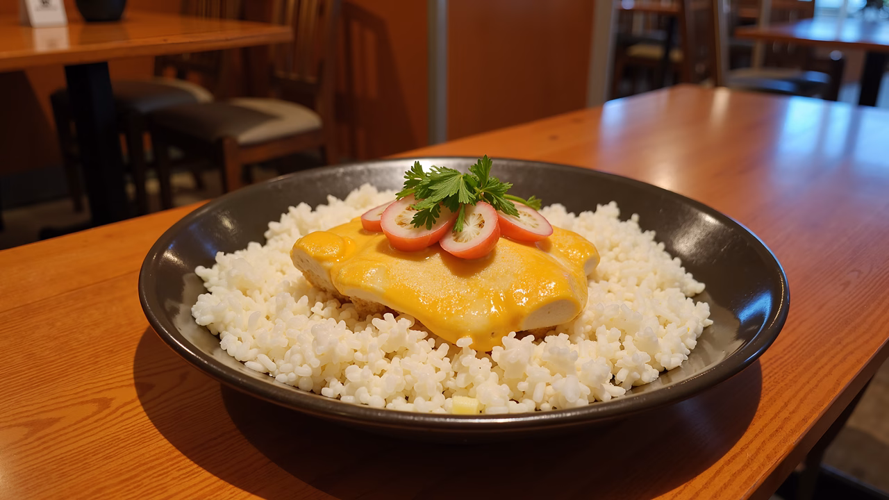 Close-up of cheese tofu over rice in a cozy dining setting.