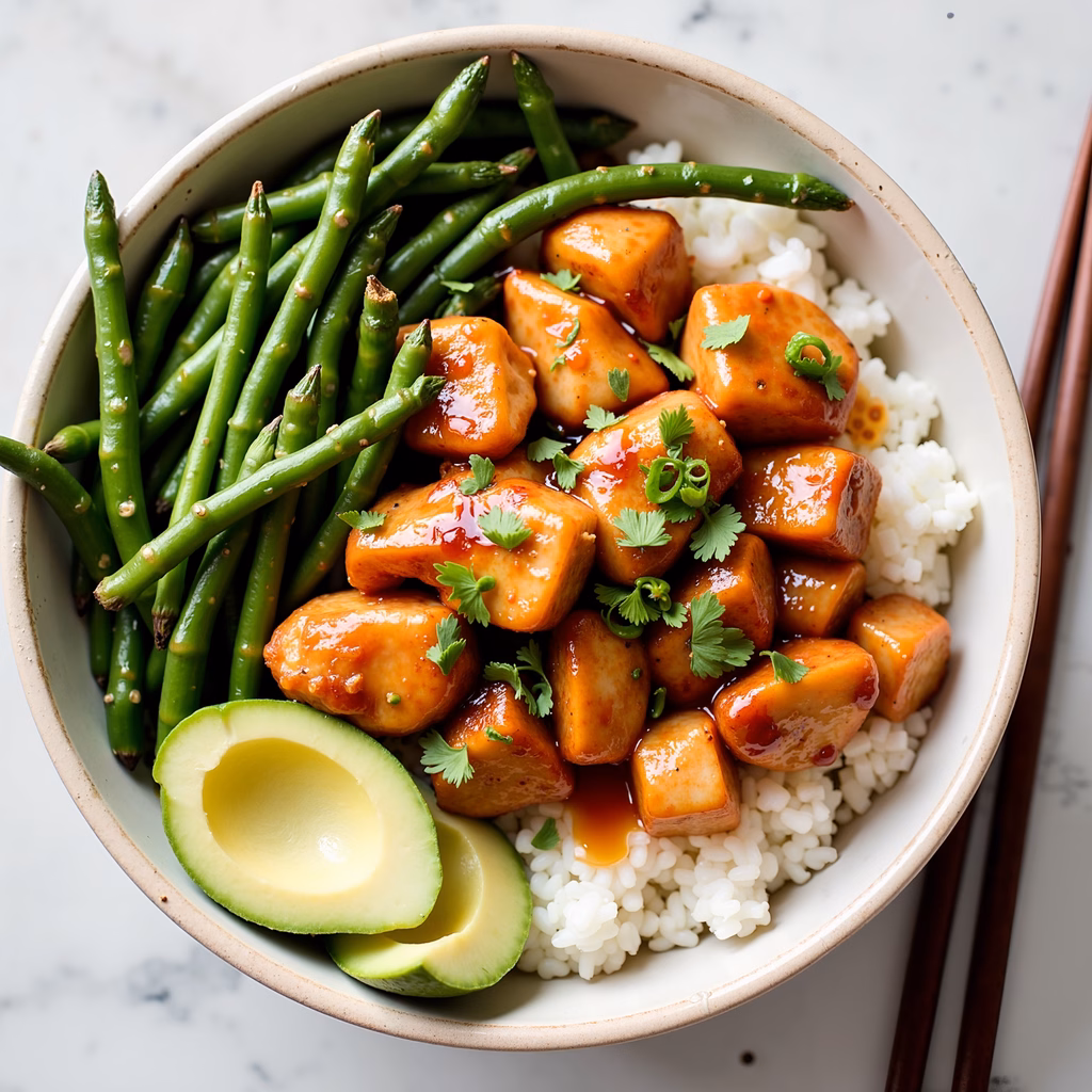 Teriyaki chicken bowl with rice, beans, and avocado.