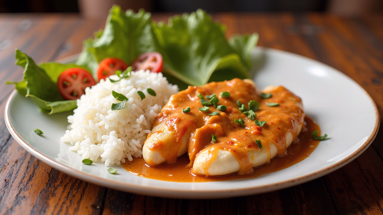 Rich Chicken Tikka Masala with vibrant red curry and fresh greens.