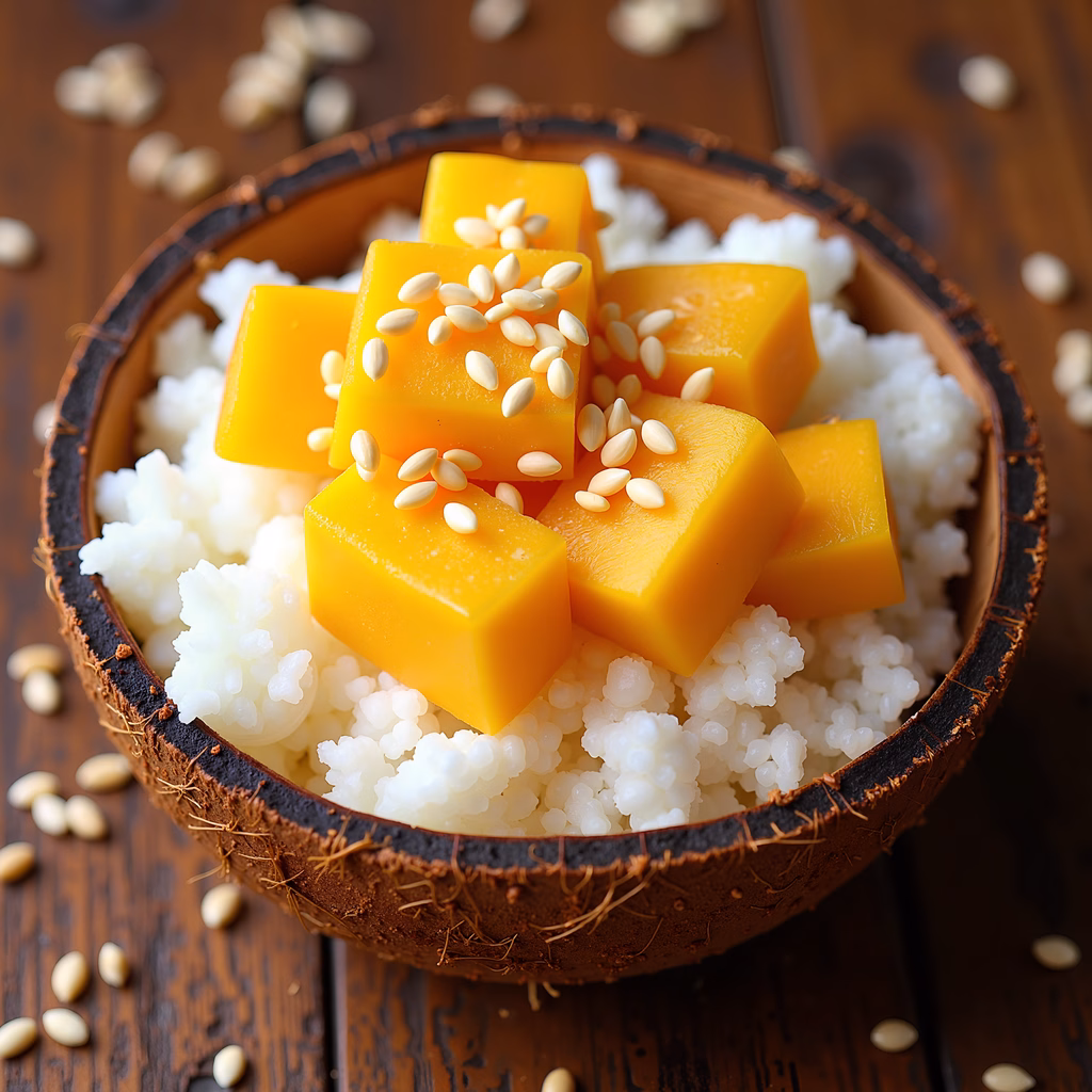 Delicious coconut rice with mango cubes and sesame seeds on a rustic wooden table.