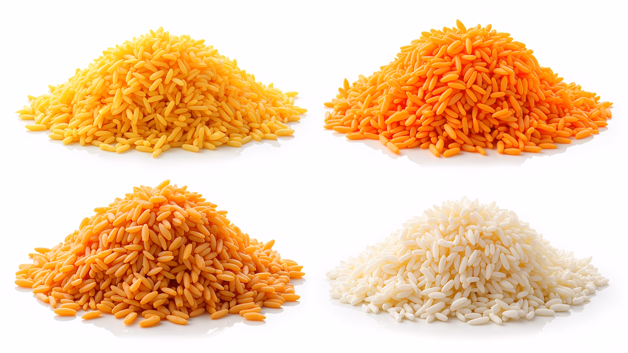 Vibrant rice piles in yellow, orange, red, and white on a white background.
