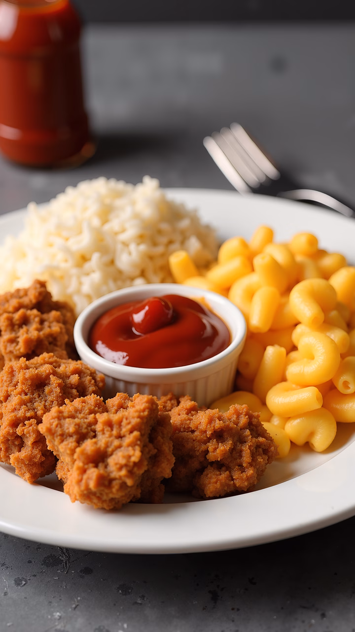 Close-up of crispy fried chicken, rice, and macaroni and cheese with ketchup.