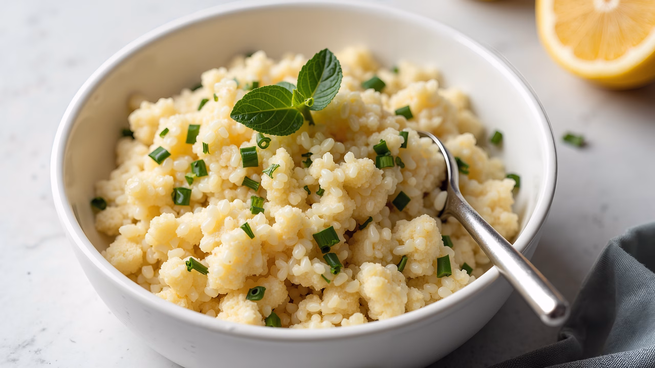 Close-up of couscous garnished with green onions and mint, served on a marble surface.