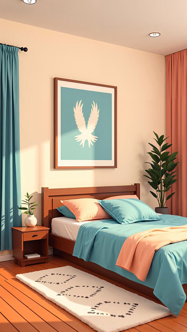 A tranquil and stylish bedroom with pastel tones and natural light.
