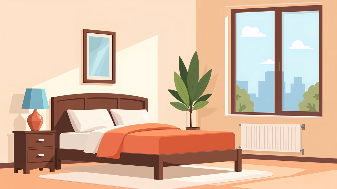 A cozy and stylish bedroom illustration with warm tones and urban views.