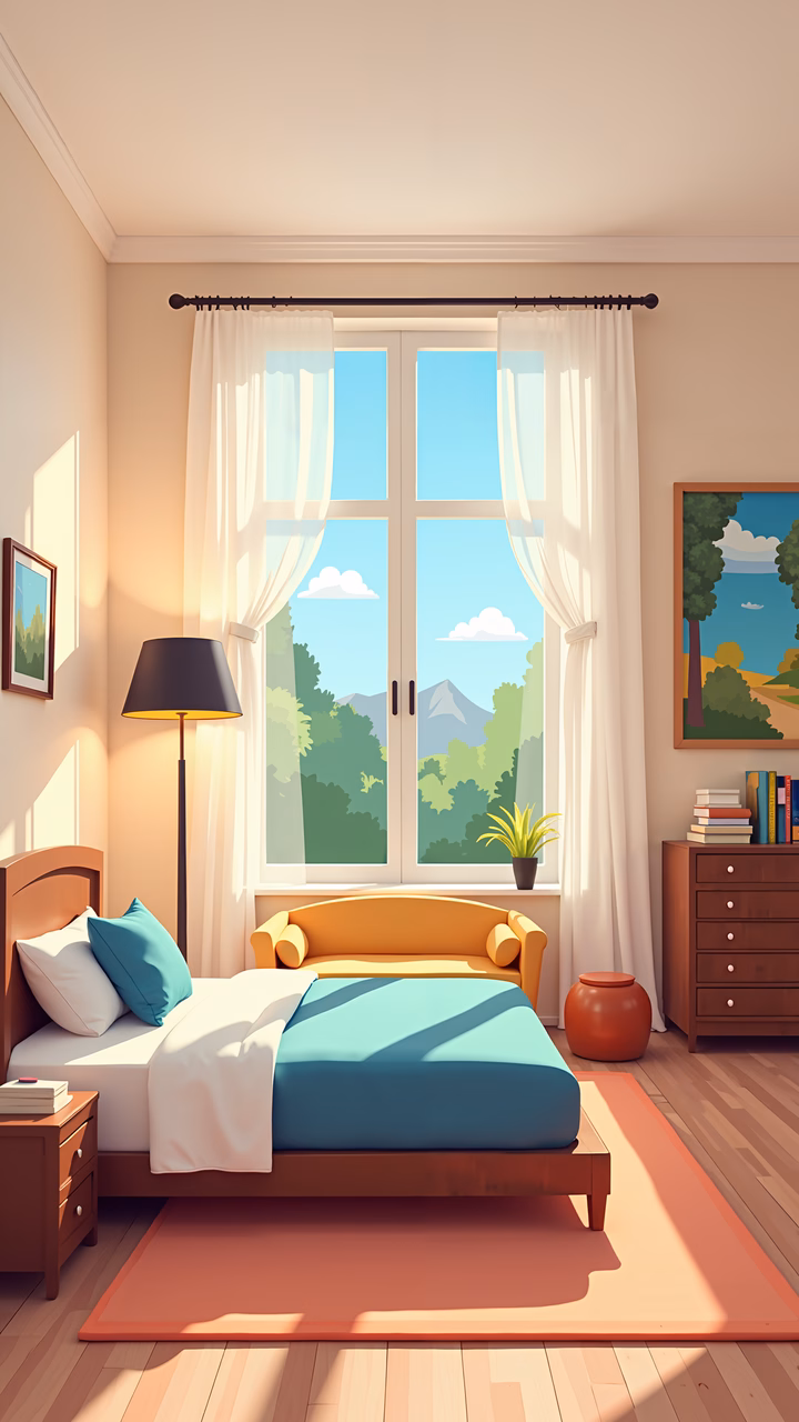A peaceful, sunlit bedroom with a scenic mountain view and soft furnishings.