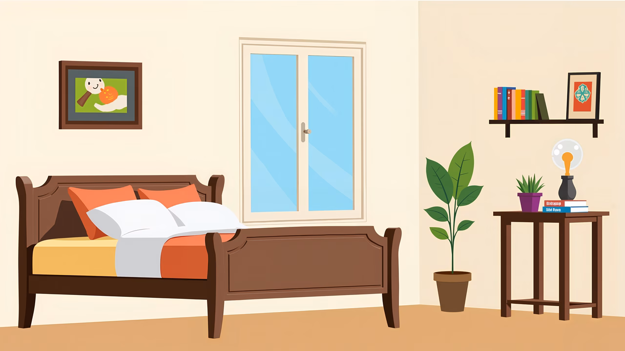 A cozy, illustrated bedroom scene with a neatly made bed and soft pastel colors.