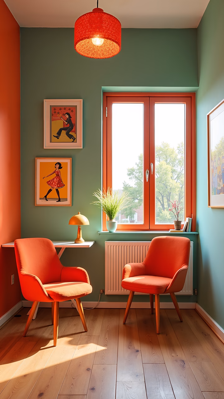 A cozy corner with vibrant orange chairs and a warm, inviting atmosphere.