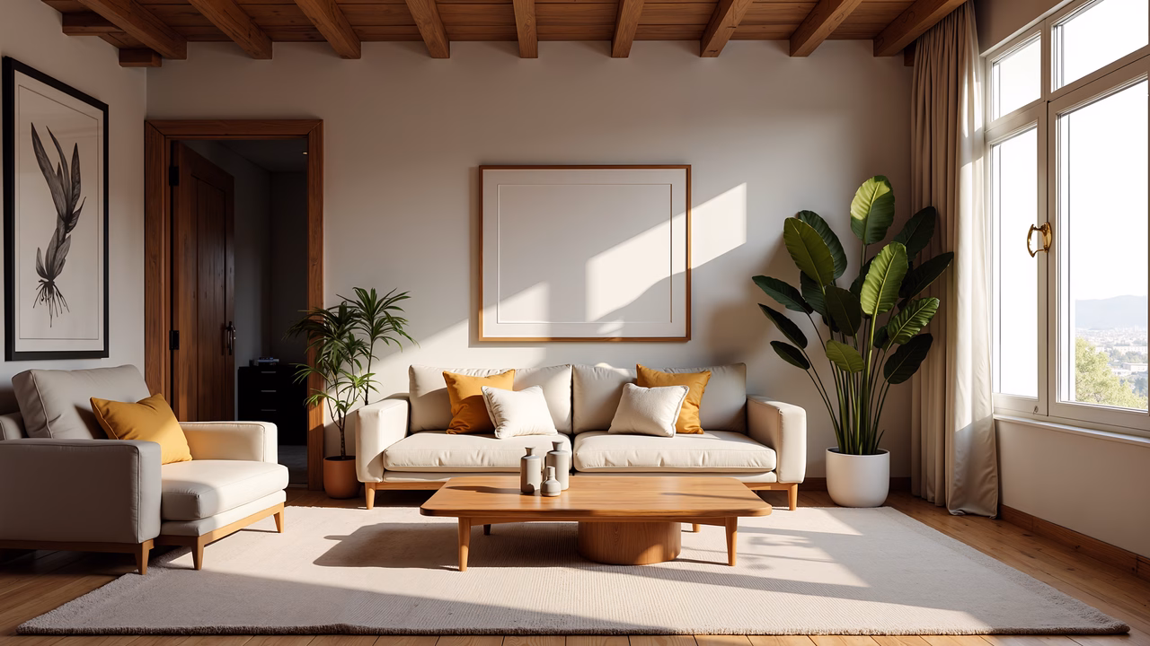 Minimalist living room with natural light and greenery.