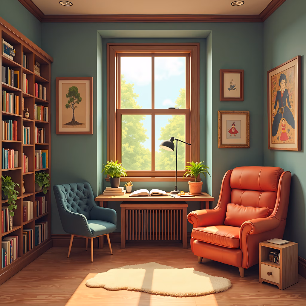 A tranquil reading corner with vibrant colors and personal touches.