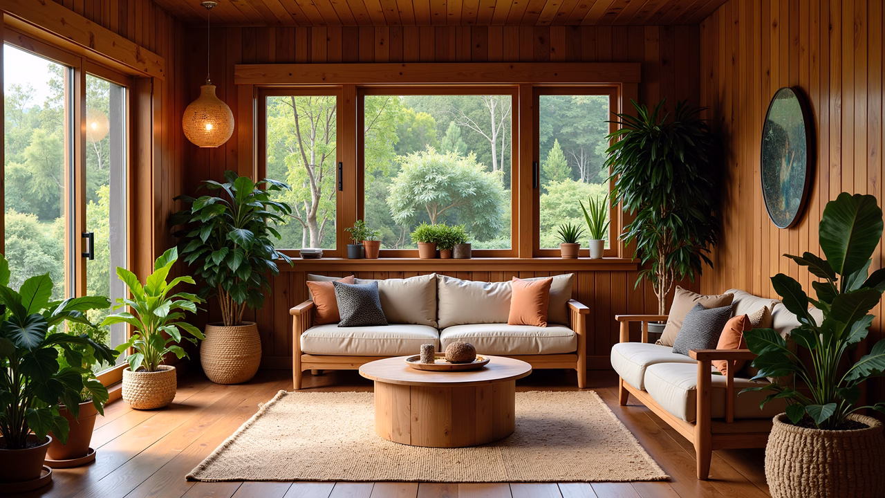 A cozy wooden living room with a forest view, natural light, and earthy tones.