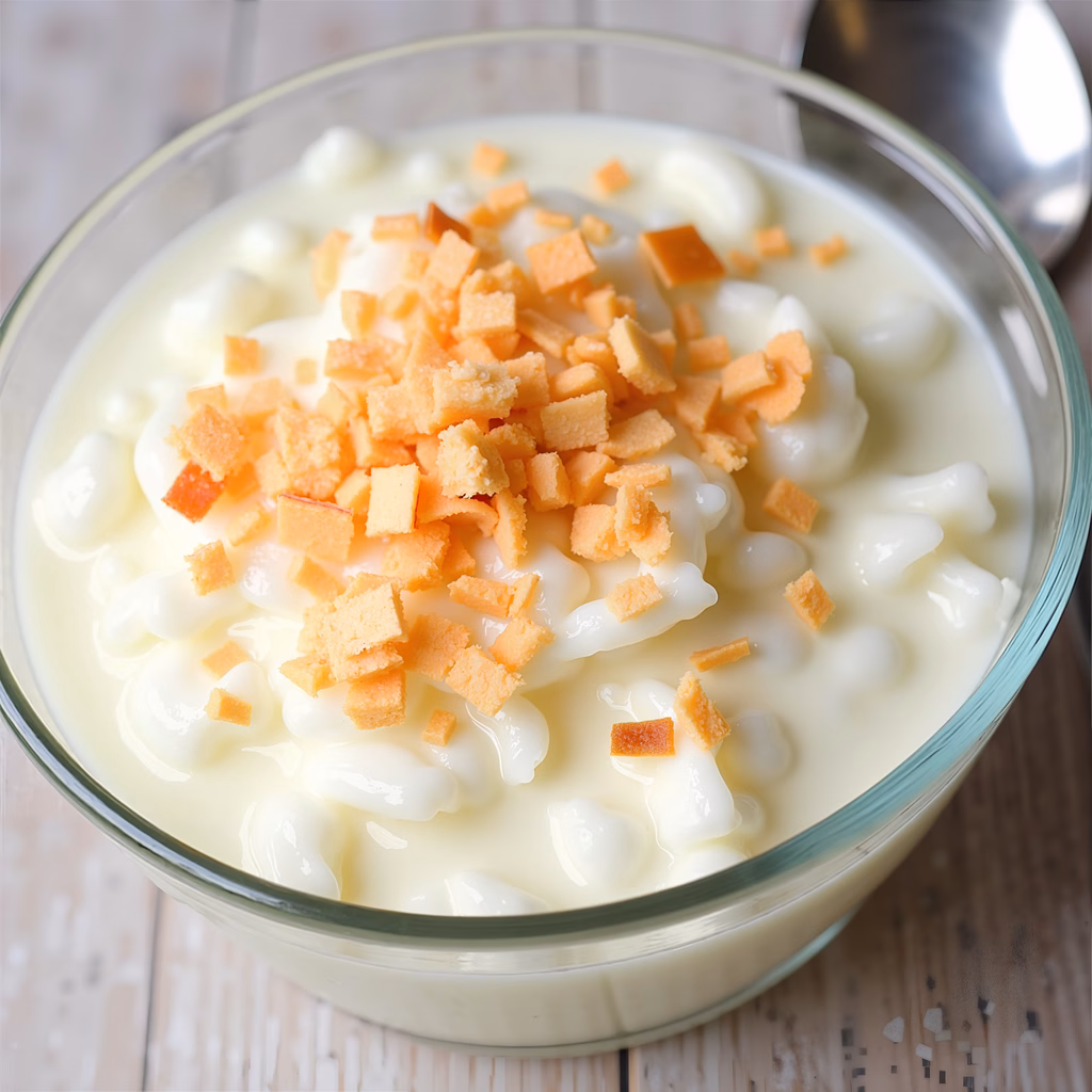 Close-up of creamy dessert with crispy topping in a glass bowl.
