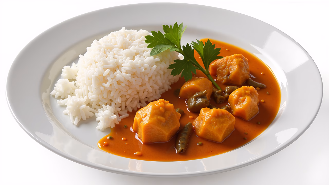 A mouth-watering curry dish served with rice, garnished with herbs.