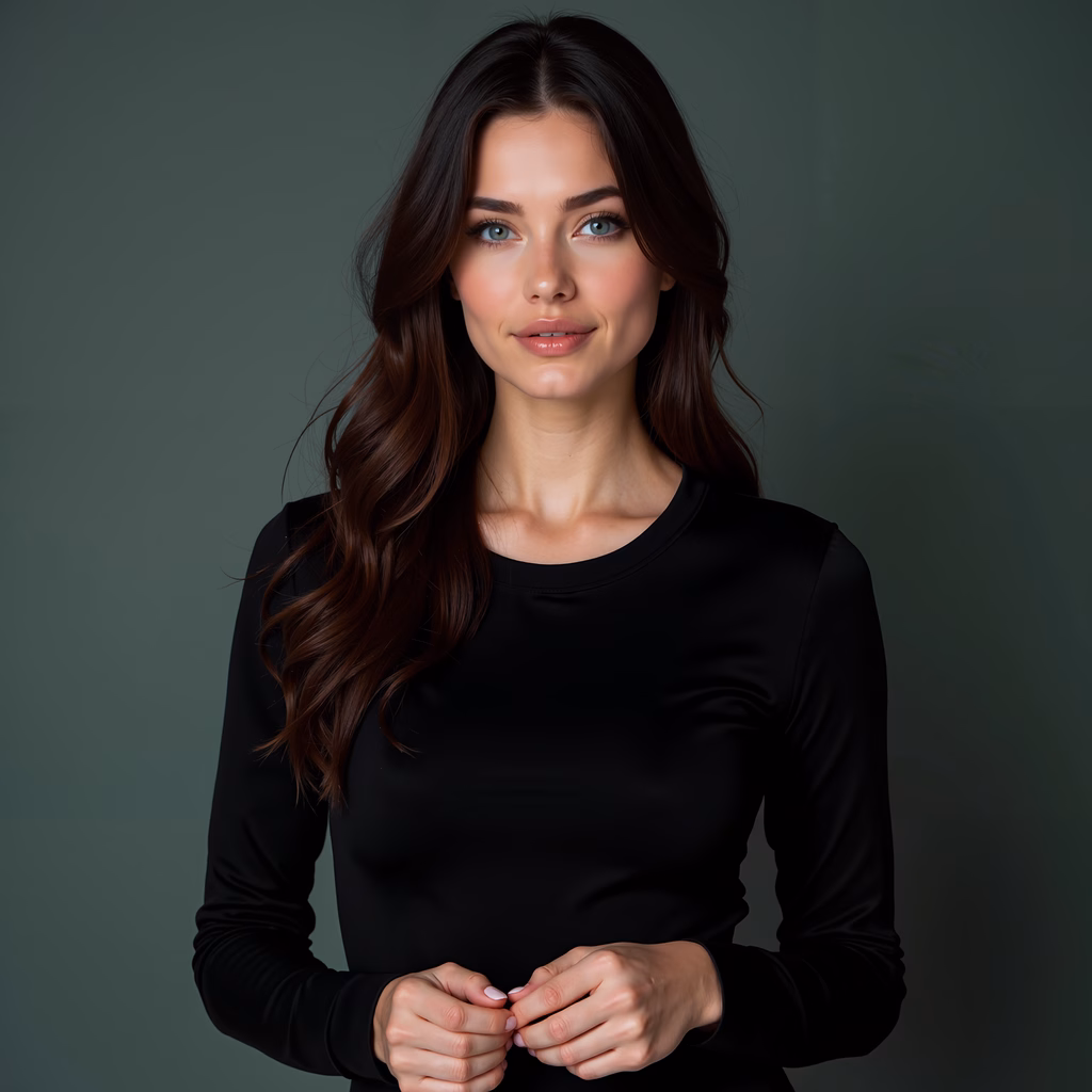 Elegant portrait of a person in a black top against a muted green background.
