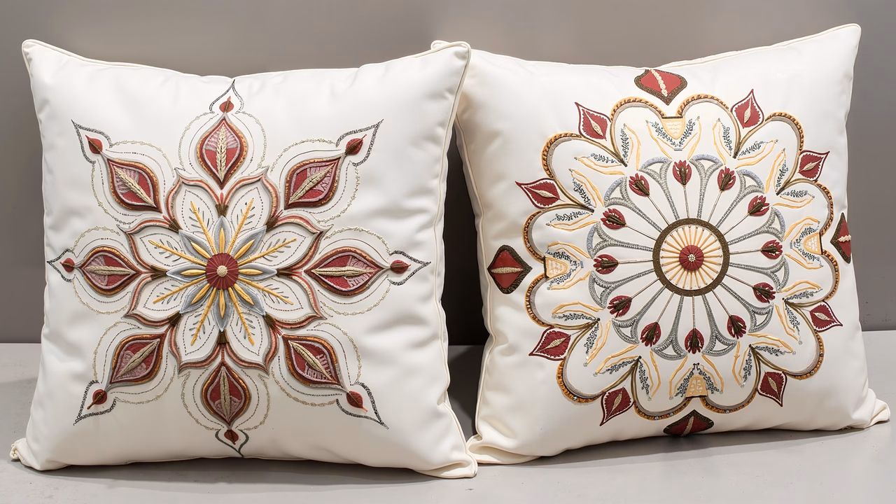 Elegant embroidered cushions with intricate floral designs in red, gold, and silver.
