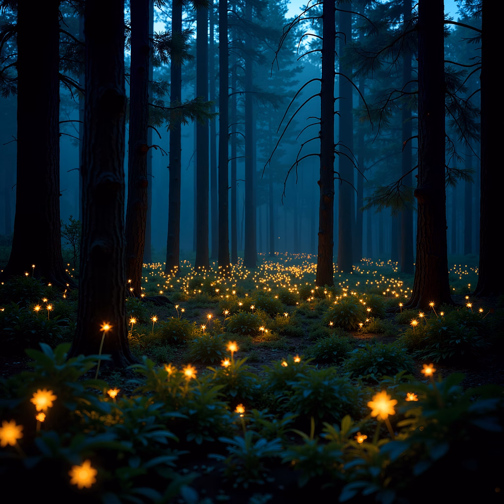 A mystical forest scene with glowing flowers and tall trees at dusk.