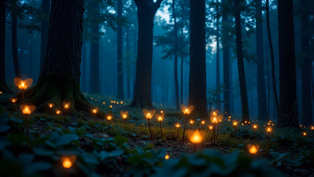 Bioluminescent mushrooms in a mystical forest at dusk