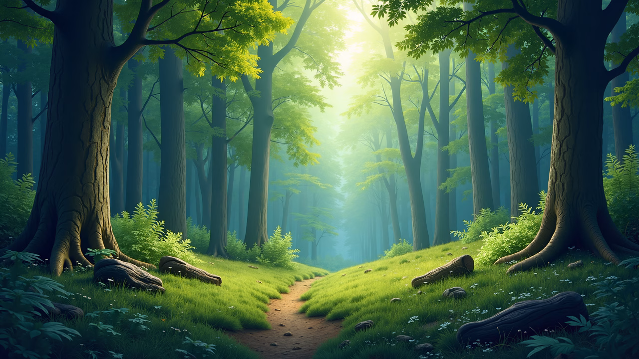 A peaceful forest path surrounded by tall trees and vibrant greenery.