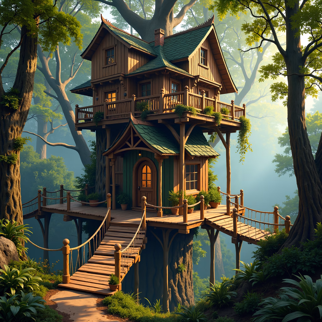 Whimsical enchanted treehouse in a mystical forest setting.