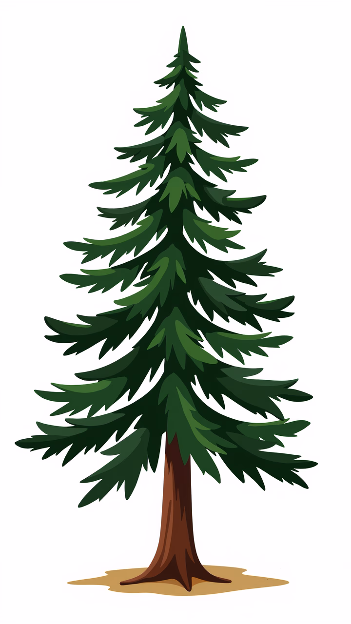 A detailed illustration of a tall evergreen tree with a brown trunk and green leaves.