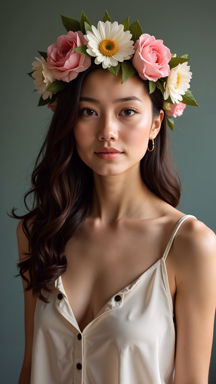 Elegant floral crown portrait with soft colors and natural beauty.