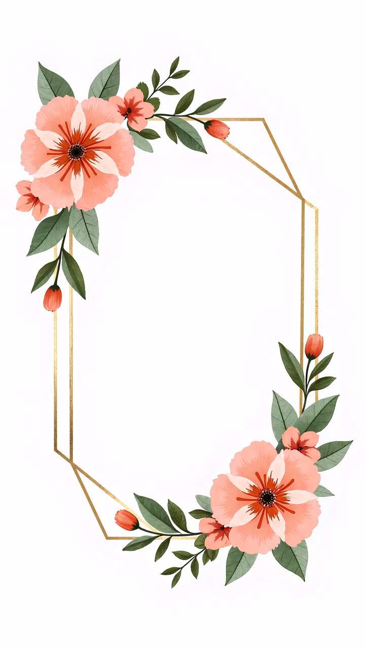 Elegant floral frame with soft pastels and geometric gold border.