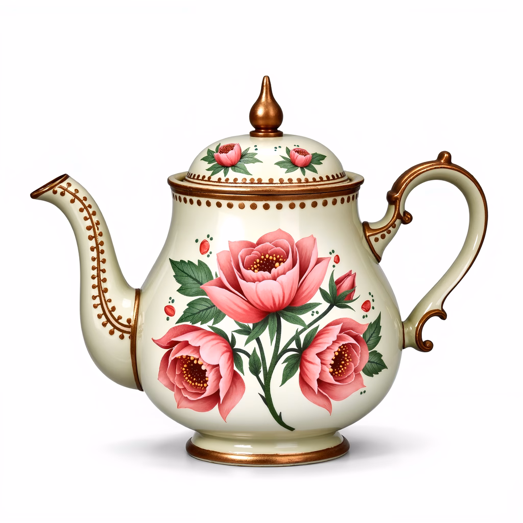 Elegant floral teapot illustration with pink roses and gold accents.