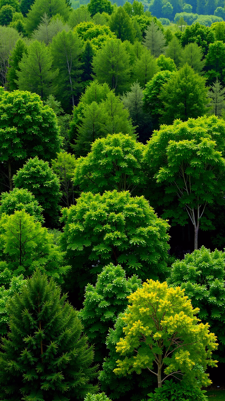 Vibrant green forest canopy with a striking yellow tree, serene nature photography.