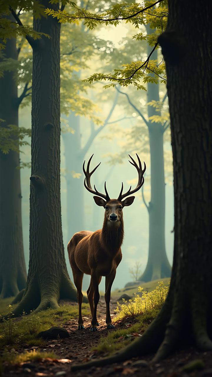 Majestic deer amidst lush forest, serene natural beauty.