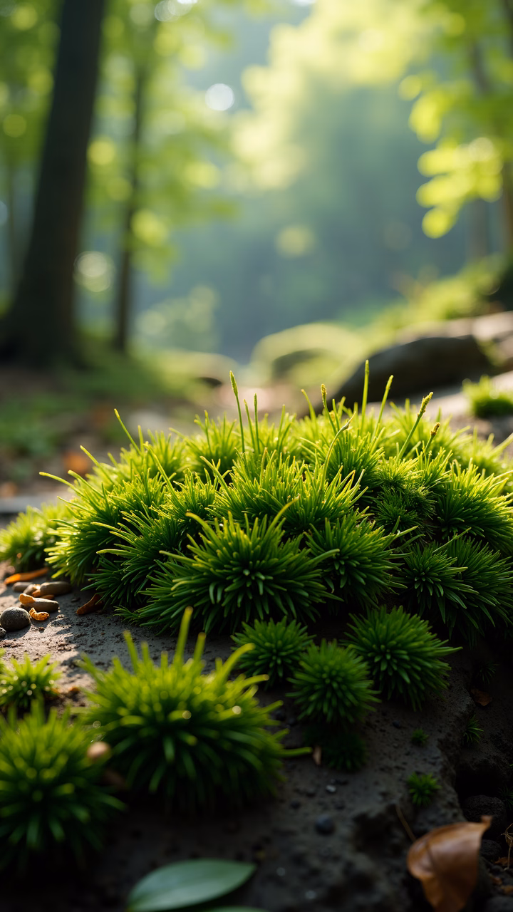 Close-up of forest floor with vibrant green needles and soft sunlight filtering through trees.