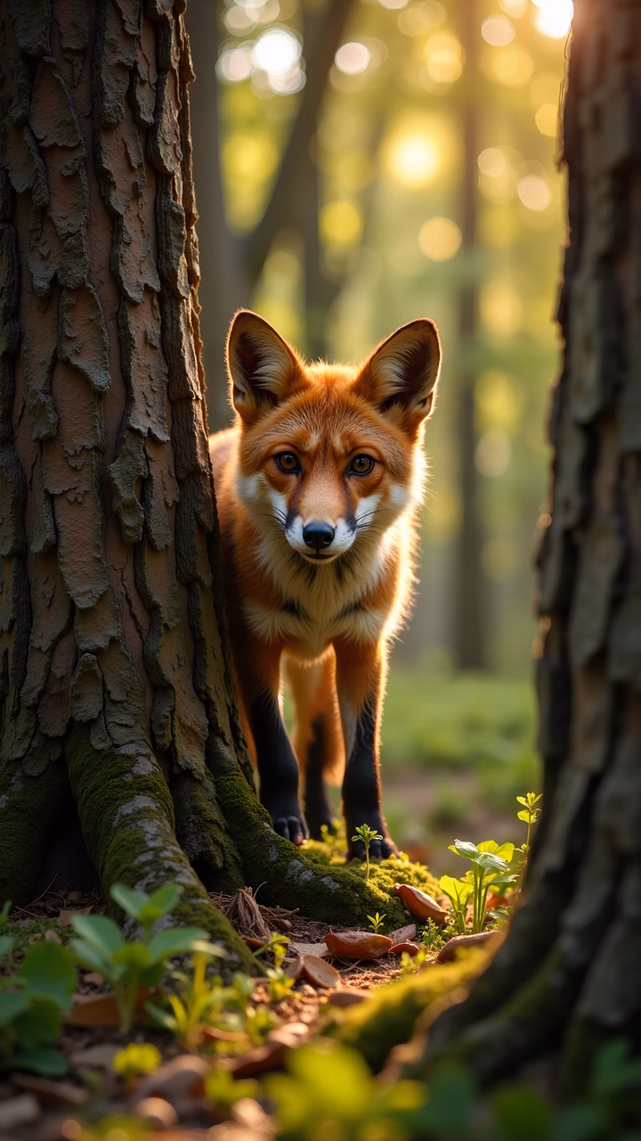 Close-up of a fox in a forest illuminated by warm sunlight.