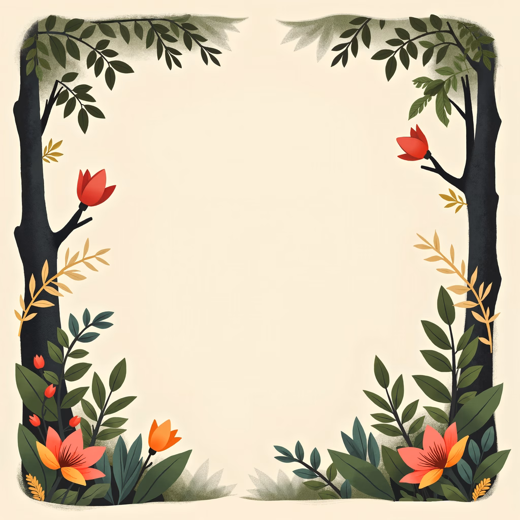 A tranquil forest scene with vibrant red tulips and muted greens, perfect for nature lovers.
