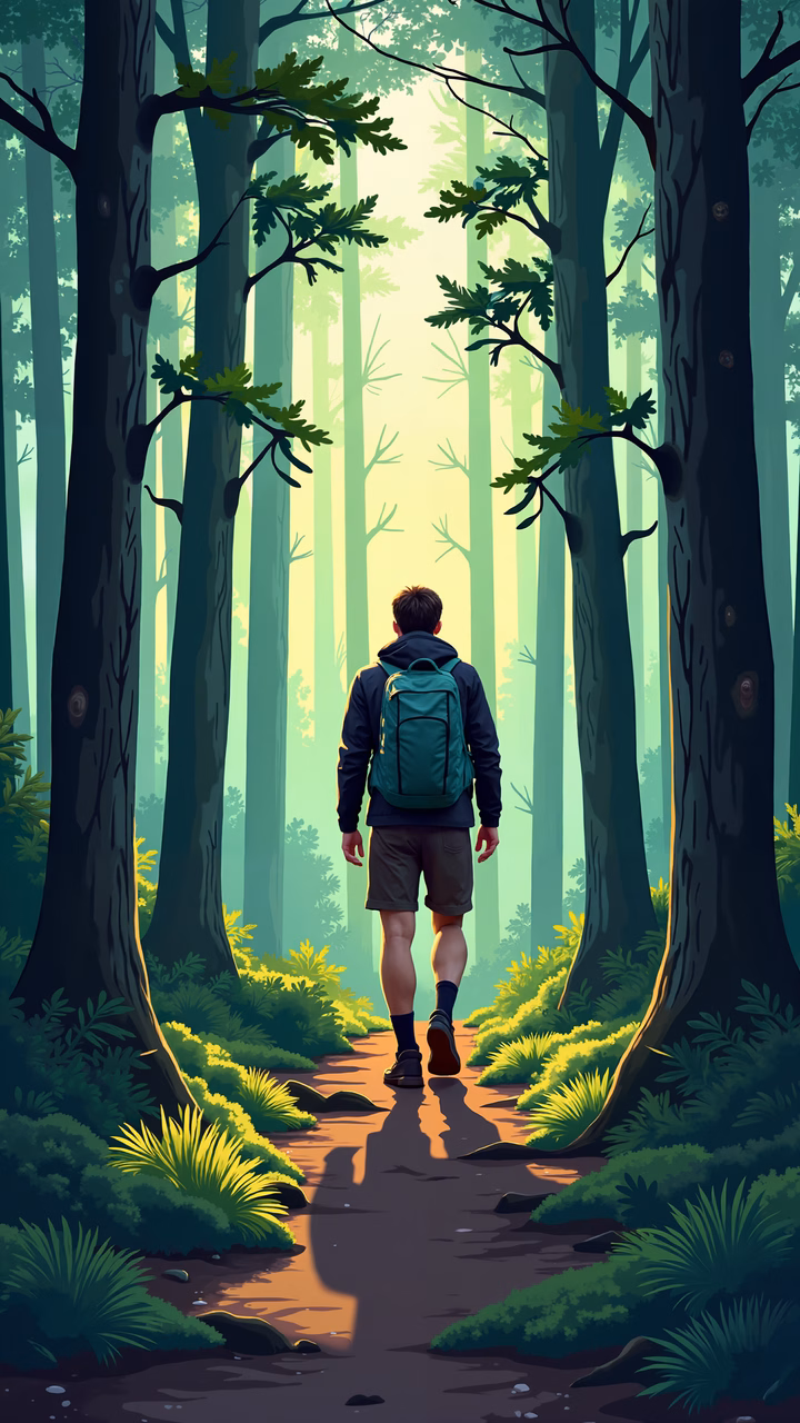 A solitary figure embarks on a peaceful forest walk, surrounded by towering trees and dappled sunlight.
