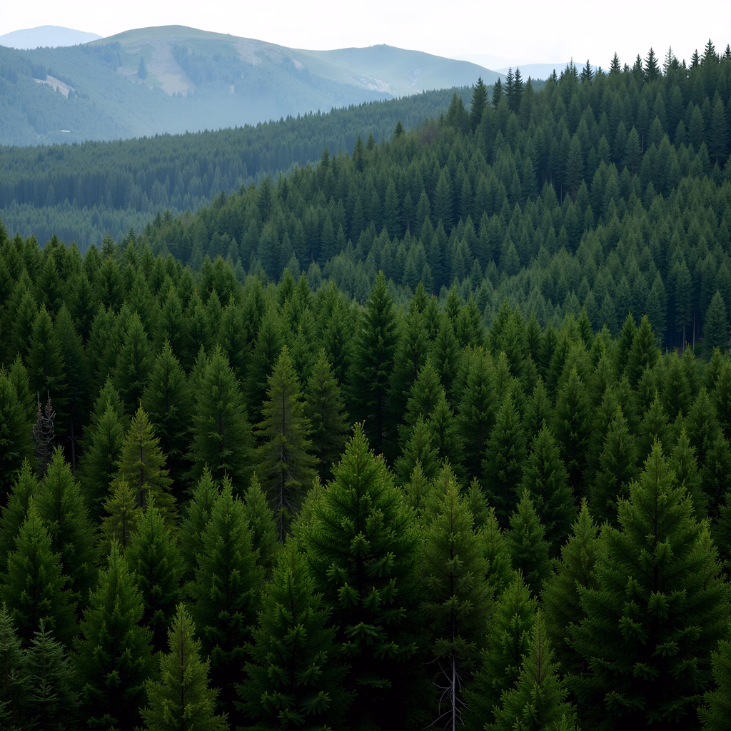 A serene forest landscape with dense evergreens and distant mountains.