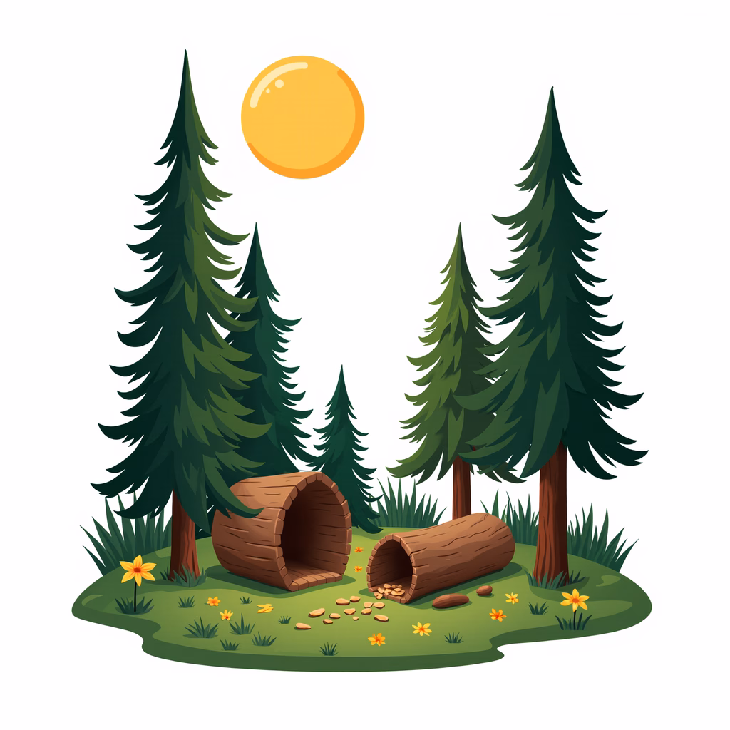 A cozy log hideaway nestled in a lush forest under a sunny sky.