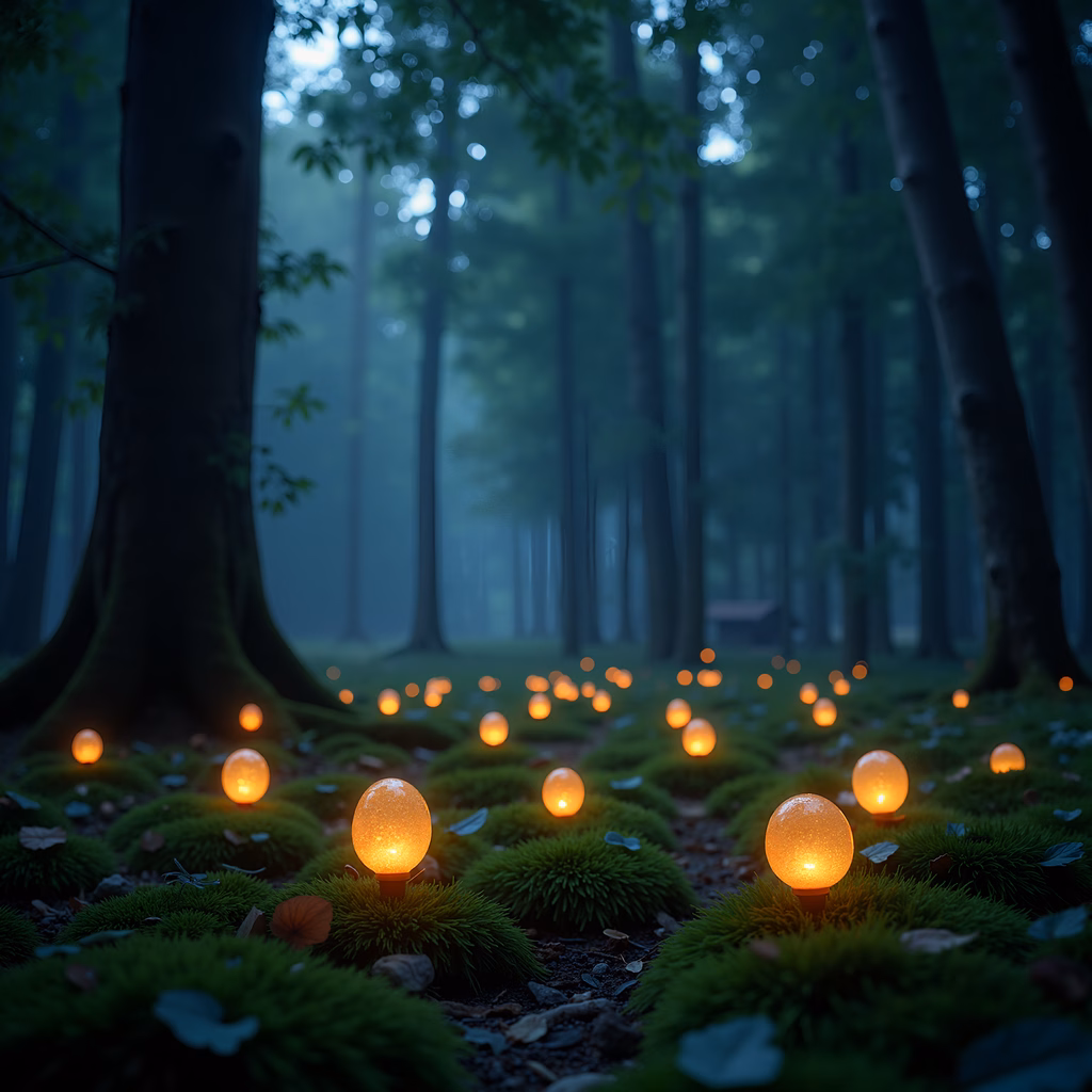 Mystical forest with glowing orbs and lush green moss.