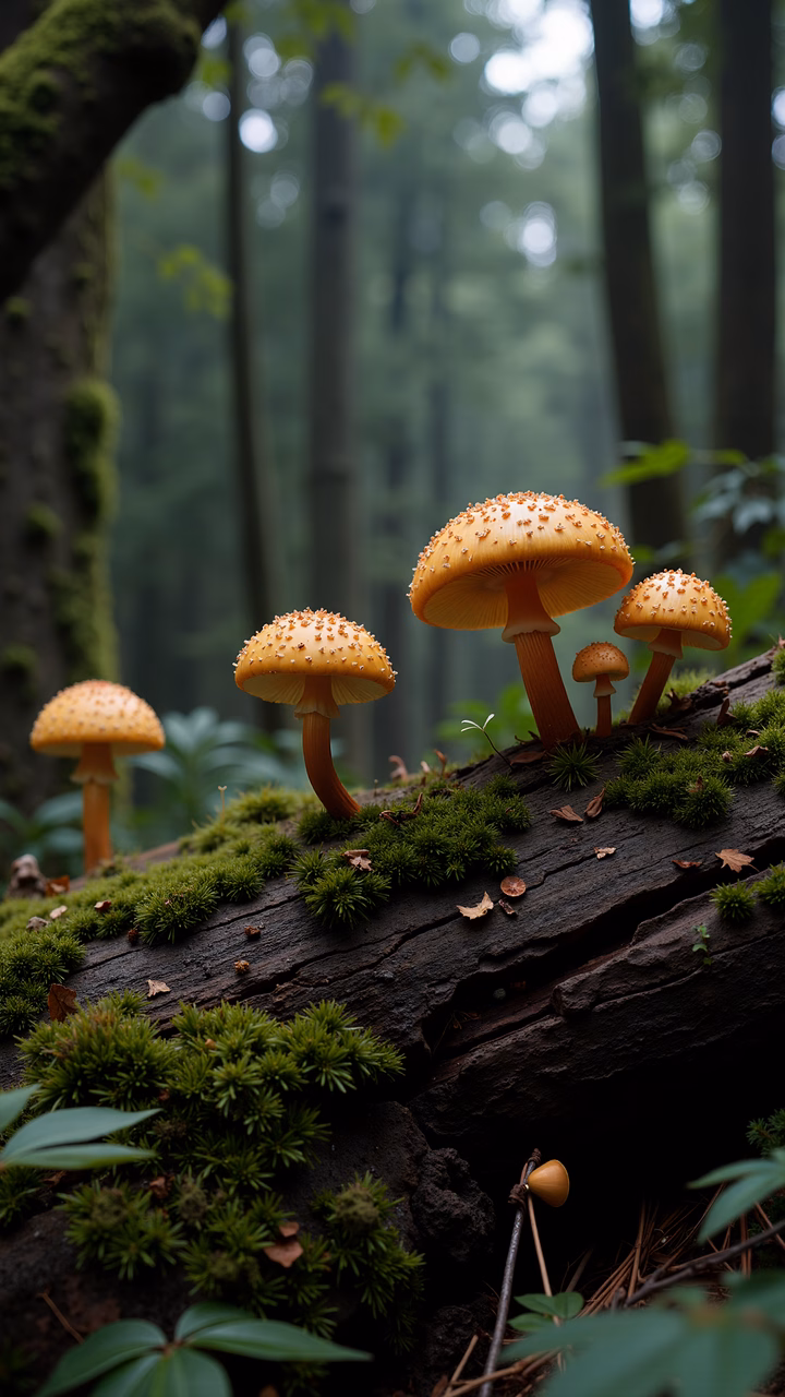 Golden mushrooms on a moss-covered log in a peaceful forest setting.