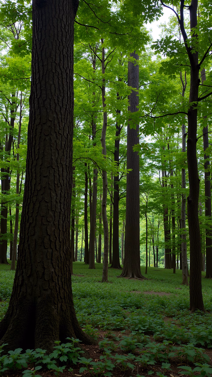 A peaceful forest path lined with tall trees and vibrant green foliage.